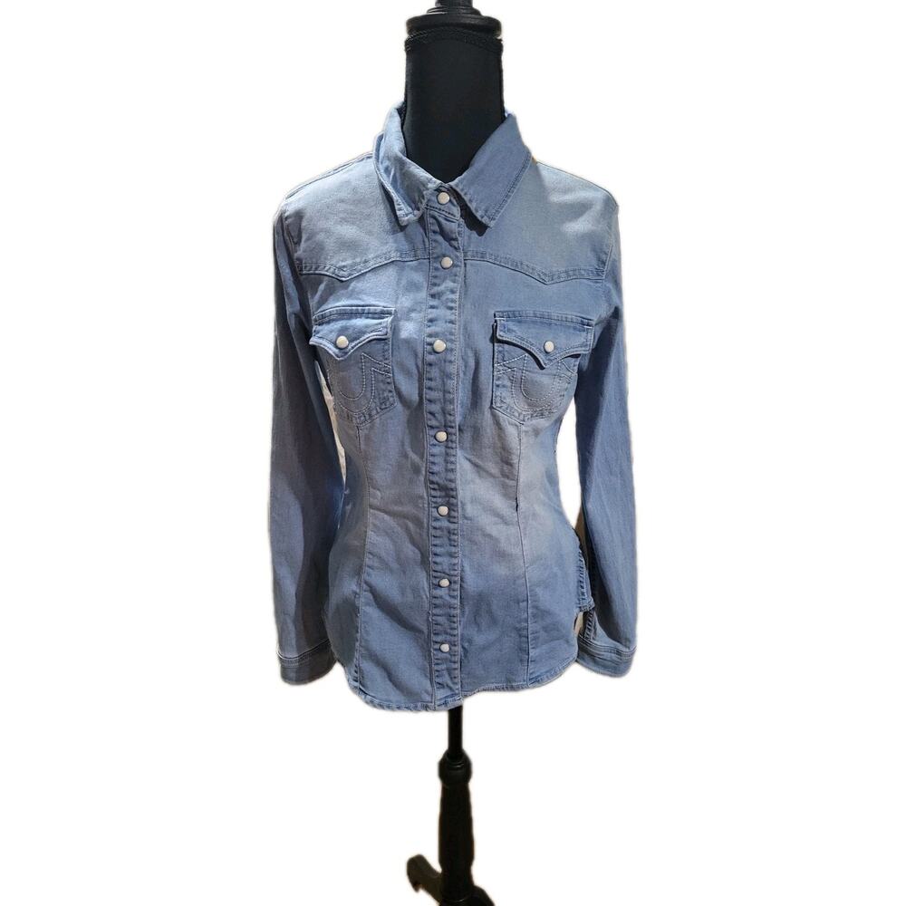True Religion Womens S Light Blue Denim Faded Western Cowgirl Button Up Shirt